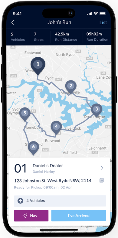 Driver mobile app interface showing John's Run with 5 vehicles, 7 stops, route mapping and navigation between pickup and delivery locations