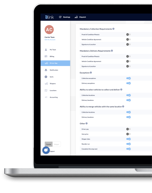 Driver App Settings Interface